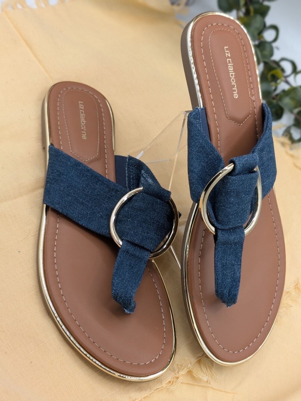Denim Slide Sandals Gold Ring Toe Loop Flat Sandals Women's Size 8 Liz Claiborne